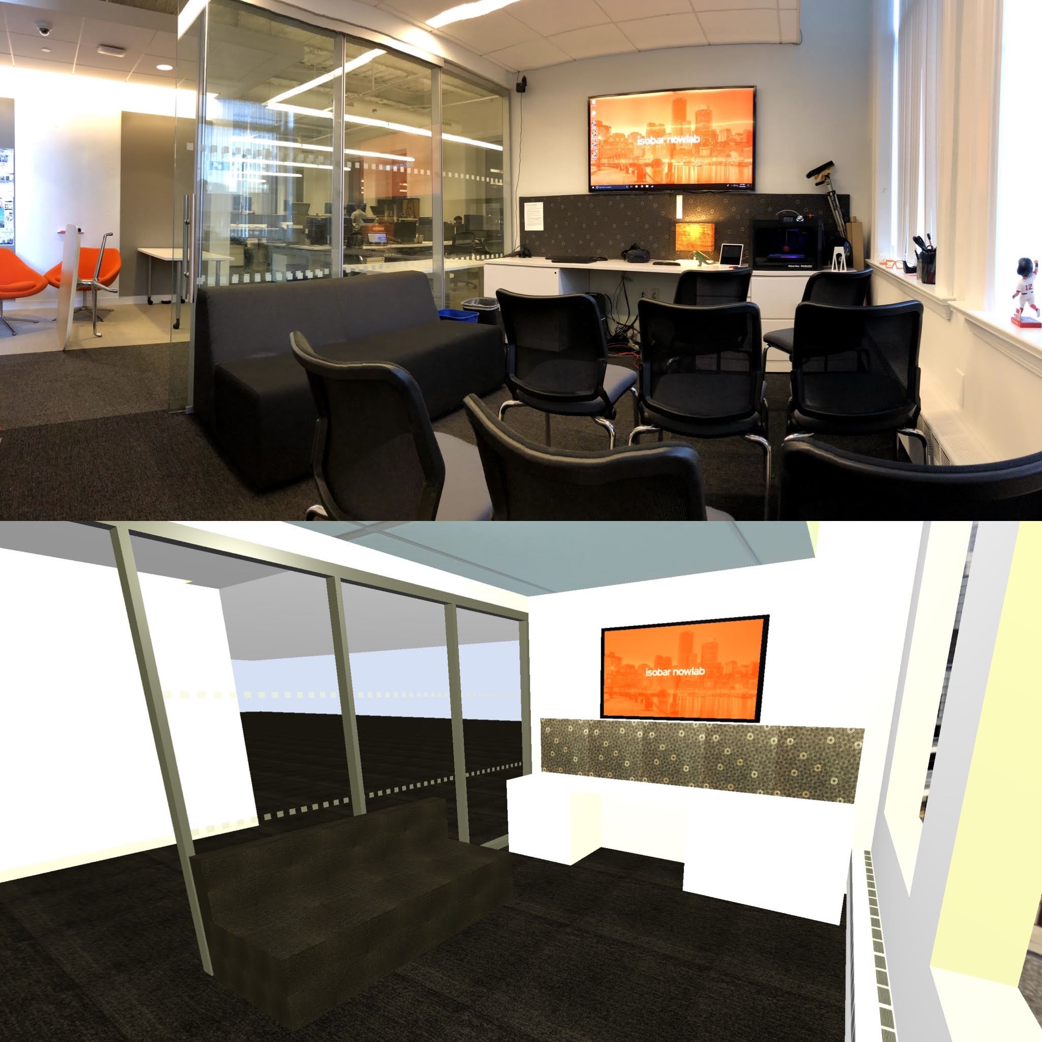 Comparison of a real photo of the NowLab room to the VR recreation
